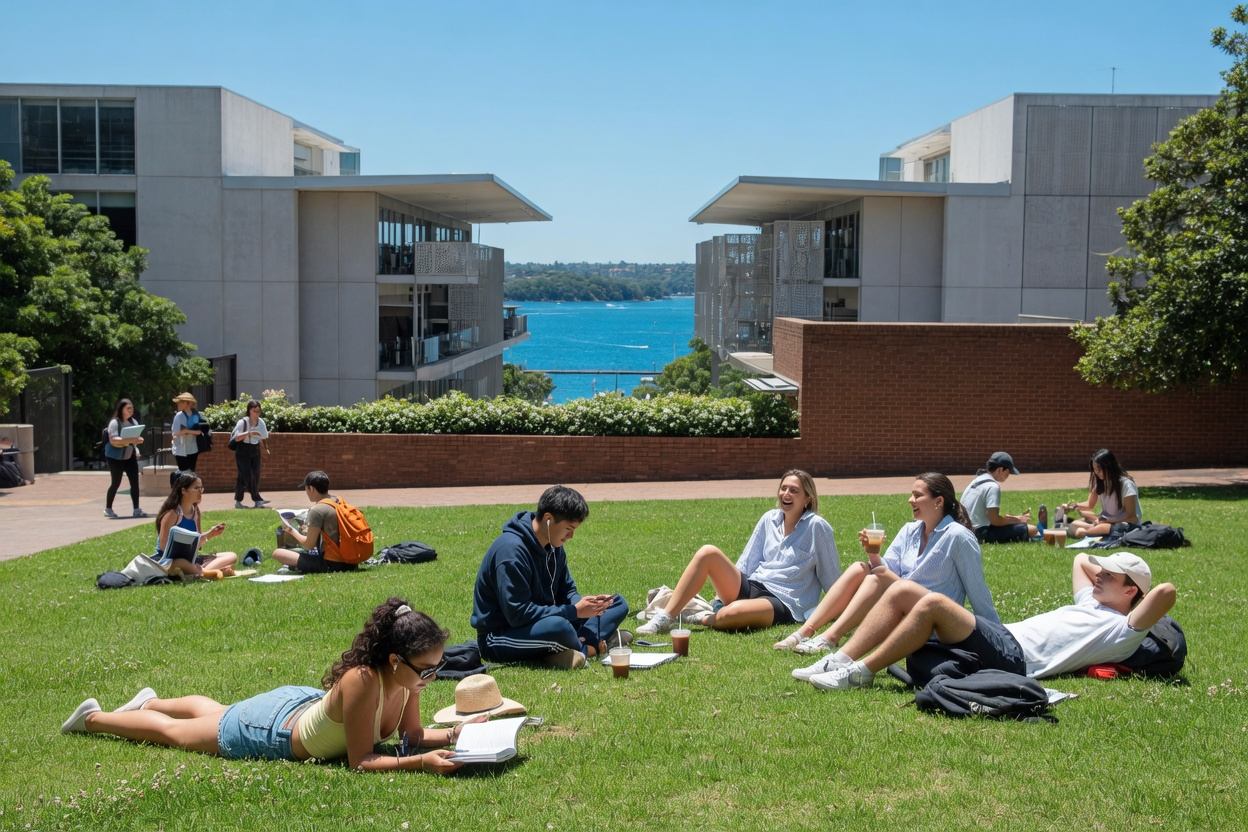 Students on a sunny campus lawn with blue water beyond the buildings