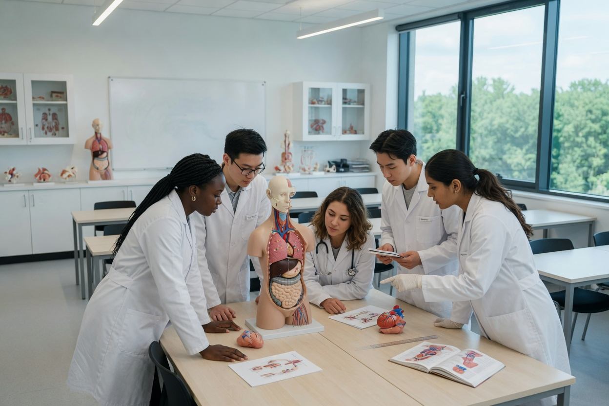 Medical students in white coats studying an anatomy model