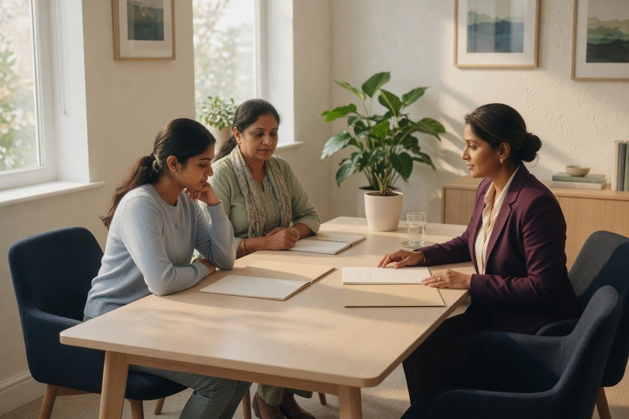 Illustration of a counsellor meeting a student and a parent