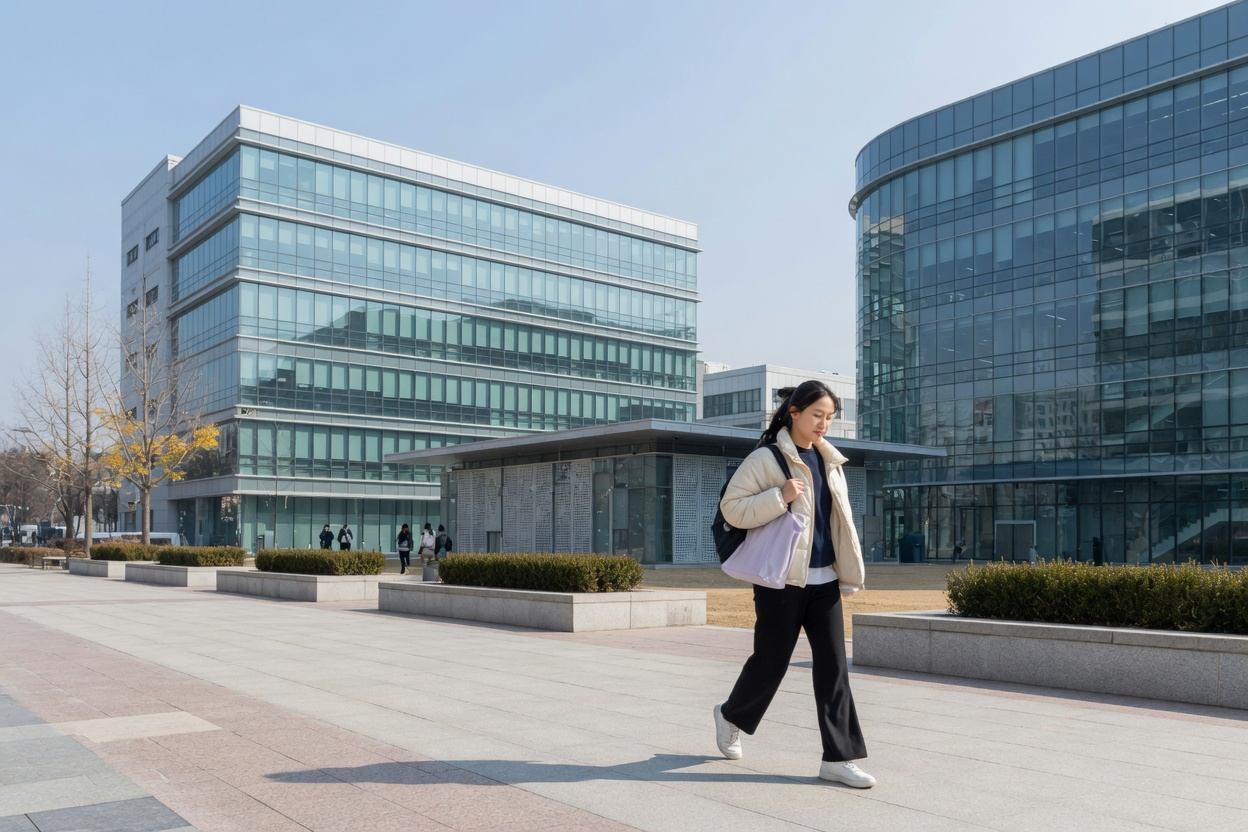 A student walking across a modern university campus
