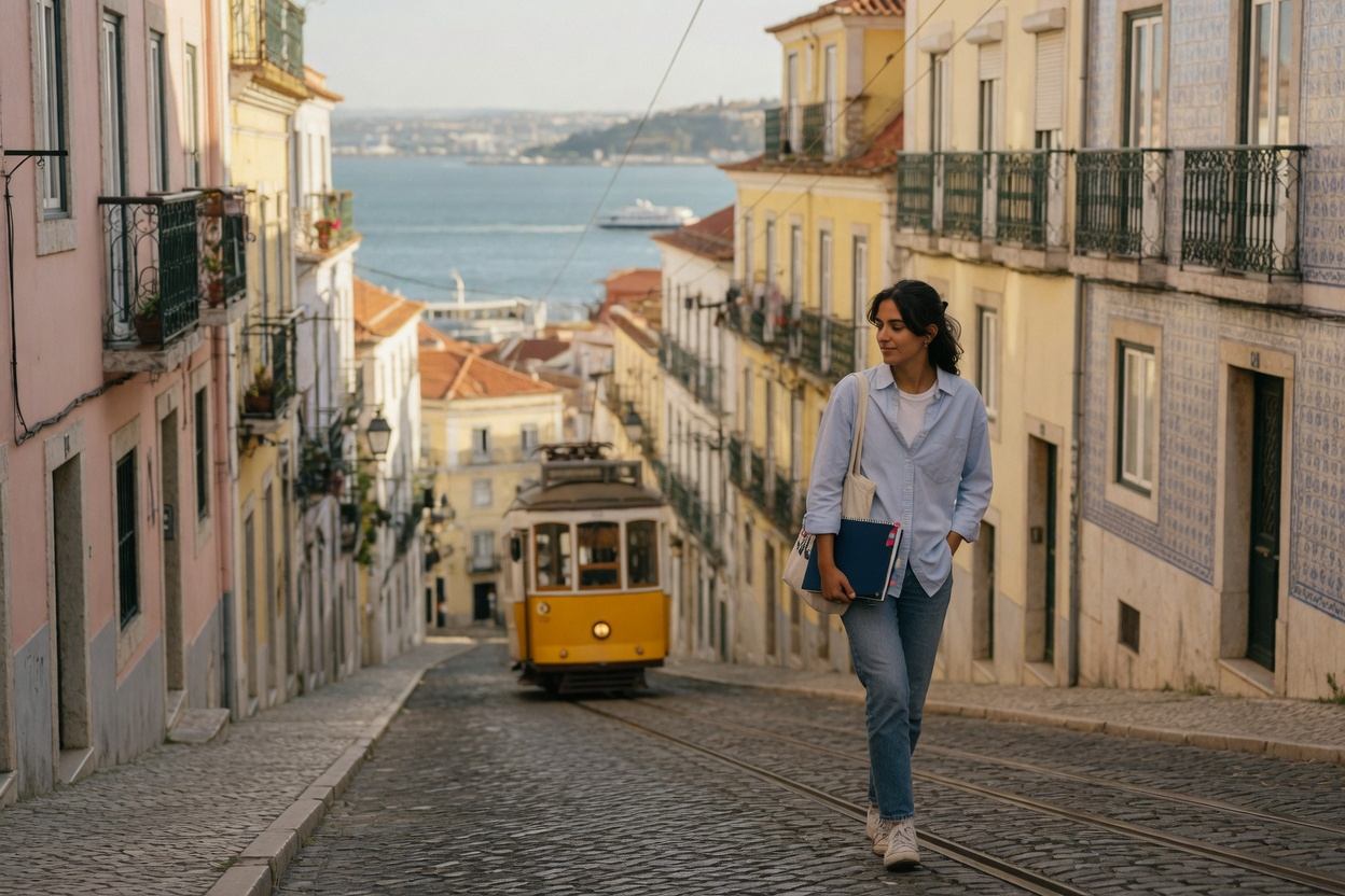 A woman walking a steep Lisbon street, with a yellow tram behind her