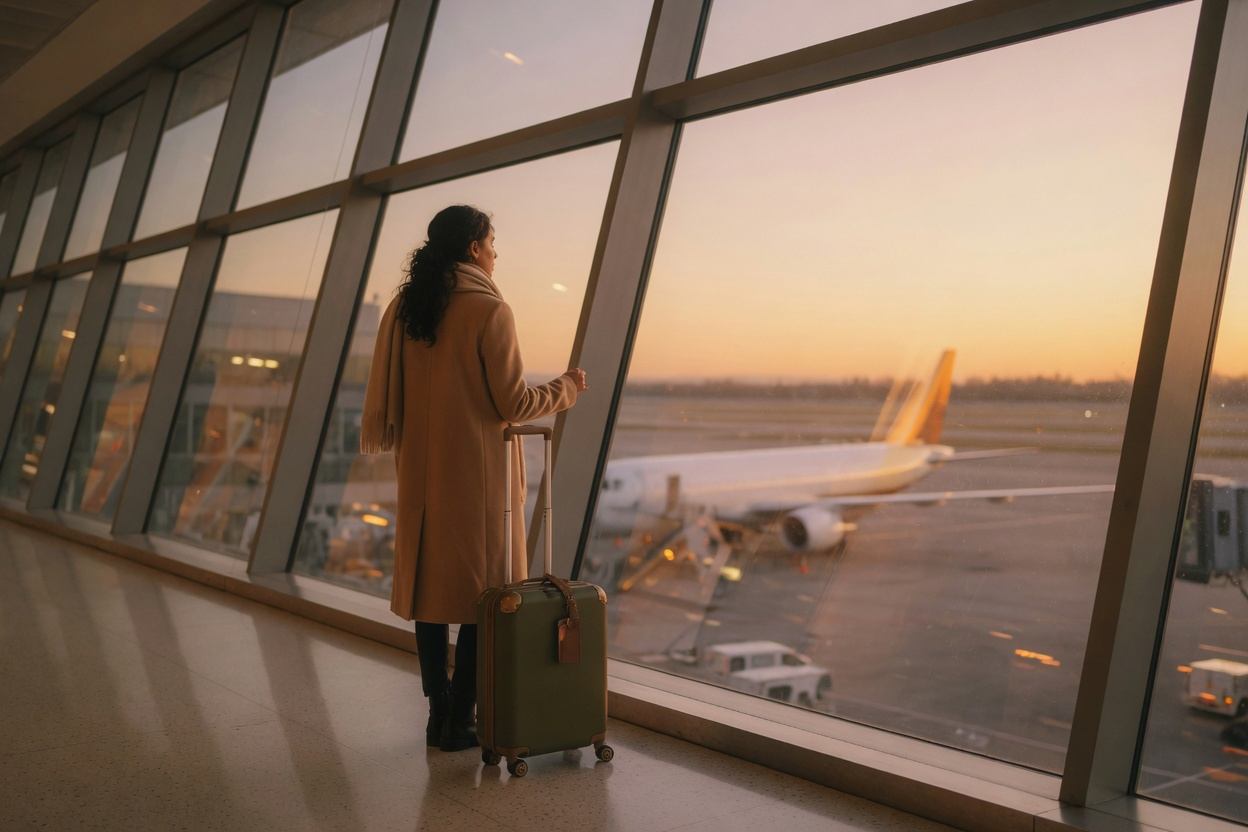 A traveler with a suitcase looking out at an aircraft from an airport window