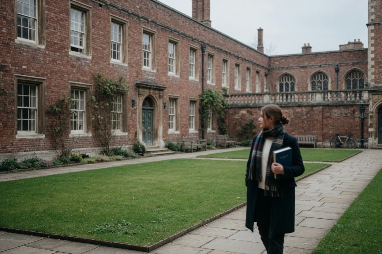 A student walking through a red-brick university courtyard